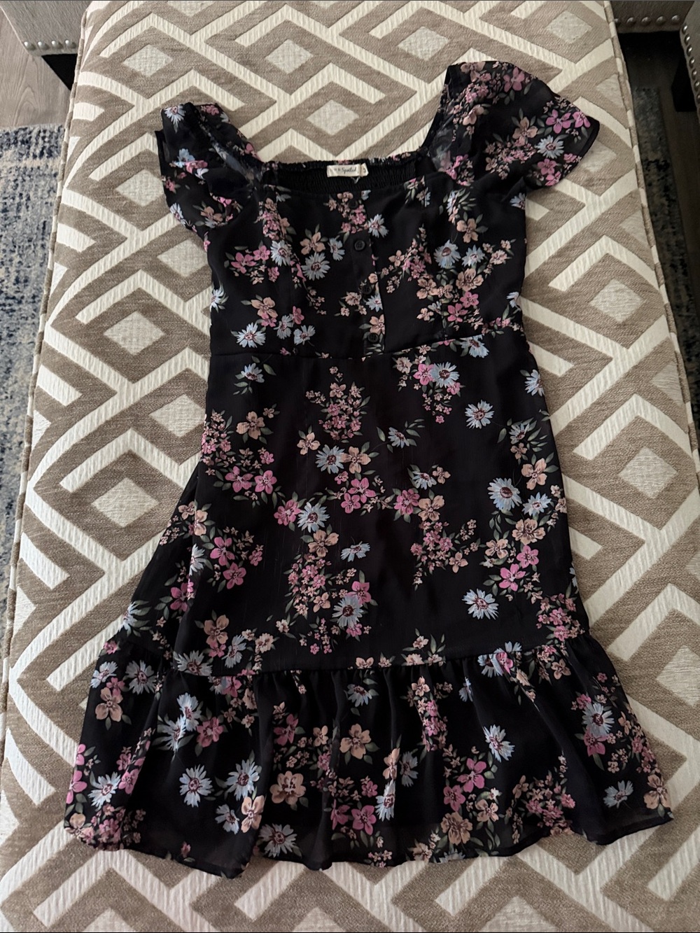 Floral Ruffle-Hem Black Dress with Pink & Blue Blooms